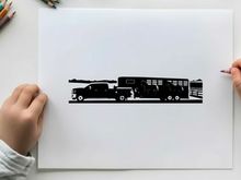 Silhouette of a pickup truck towing a horse trailer