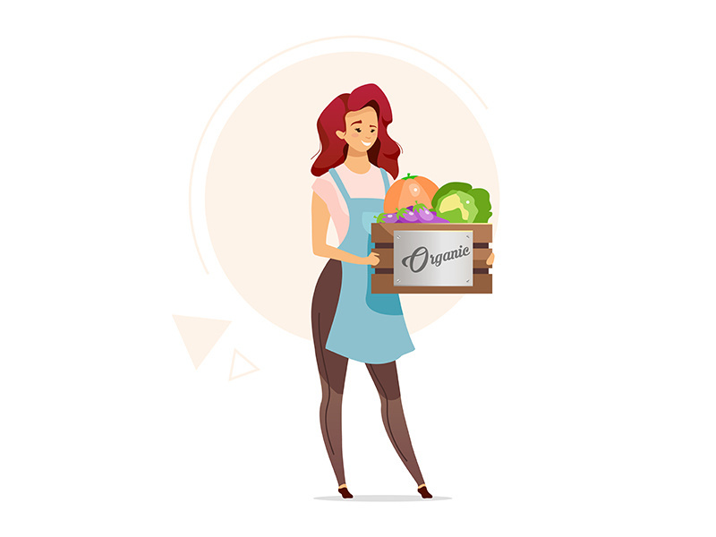 Woman holding box of organic vegetables flat color vector illustration