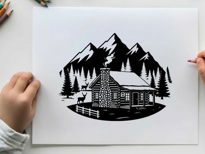 Cozy cabin silhouette in snowy mountain forest landscape