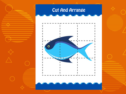 10 Pages Cut and arrange with a fish worksheet for kids. Educational game for children