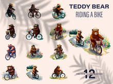 Bear riding a bike in floral countryside road, isolated in white background.