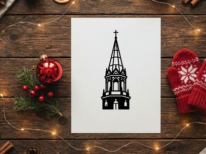 Black silhouette of a church steeple with a cross isolated on a white background.