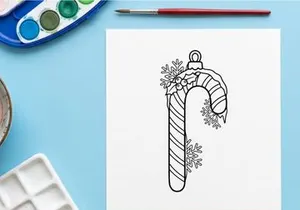 Christmas candy cane ornament line art illustration with holly and snowflakes