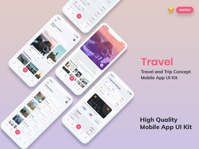 Tour & Travel Booking Mobile App UI Kit Light (SKETCH)