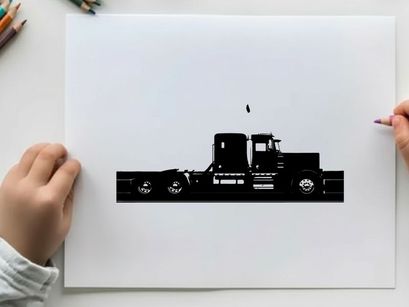 Silhouette of a semi truck against a white background