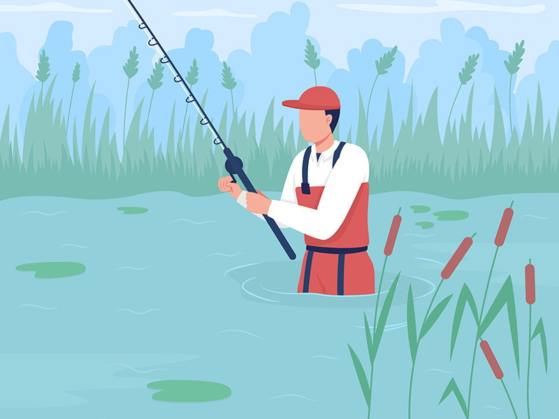 Wade fishing flat color vector illustration