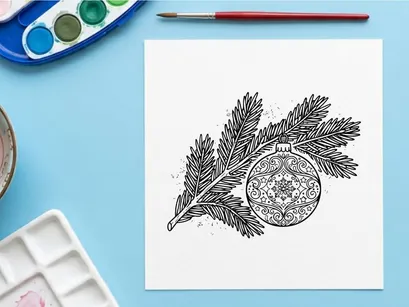 Christmas bauble and pine branch line art illustration for holiday greeting card design.