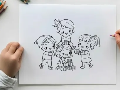 Children playing with alphabet blocks vector illustration