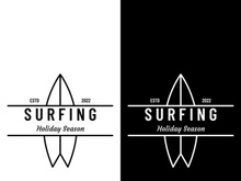 Vintage surfboard logo,surfing on summer beach.For business,badge,holiday, ,label,emblem.