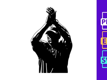 A man in a baseball cap with his hands raised above his head in a gesture