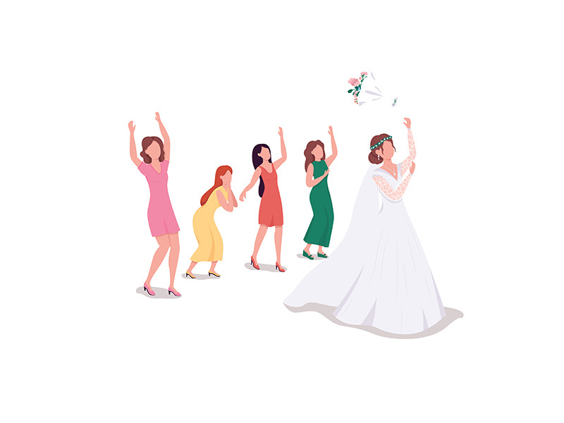 Bride throwing bouquet flat color vector faceless character