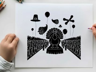 Silhouette of a may queen with balloons and a pilgrim hat