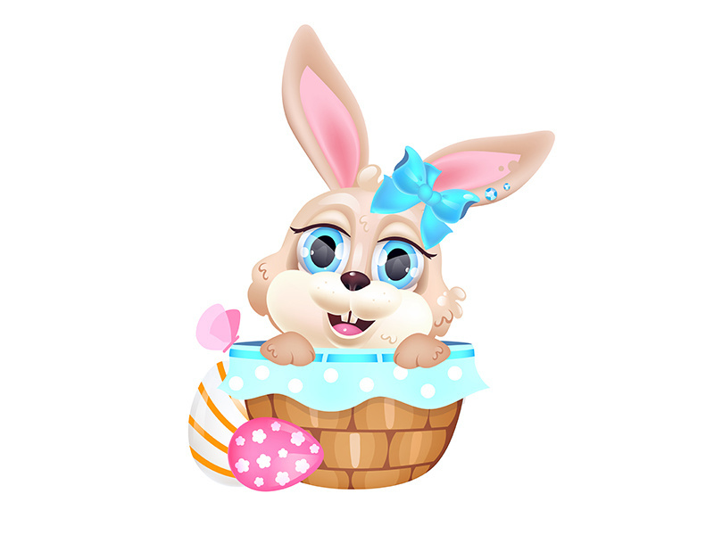 Cute little bunny sitting in basket kawaii cartoon vector character