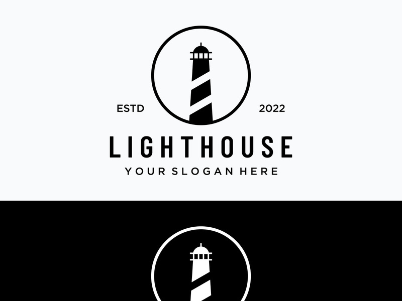 Sea lighthouse tower building creative logo with spotlights vintage vector template.