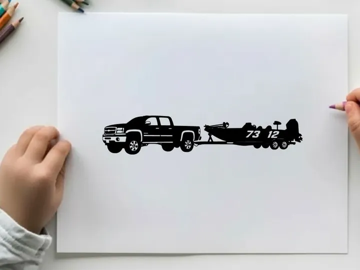 Silhouette of a pickup truck towing a racing boat