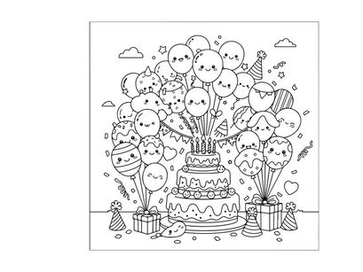 Birthday celebration with balloons and cake vector illustration