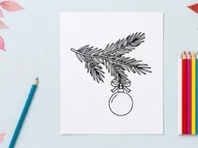 Christmas tree branch with hanging bauble ornament, hand drawn festive line art illustration.