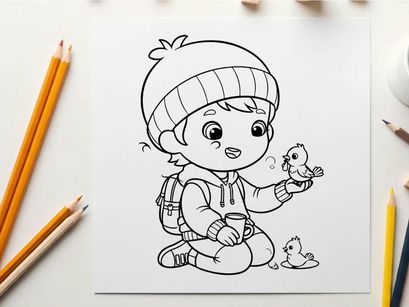 Cute nurse child feeding baby birds vector illustration