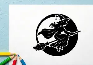 Black and white witch riding broomstick in moonlit night