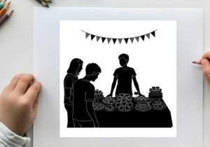 Silhouette of people at a party with bunting and desserts