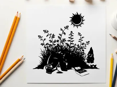 Silhouette of a person sitting under sun with plants and gnome