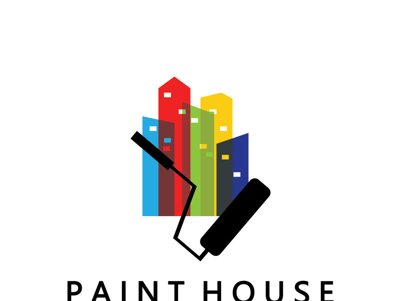 logo icon illustration house paint with a blend of brushes and rollers for house wall paint design, minimalist house, painting, interior, building, property business, wallpaper, vector concept