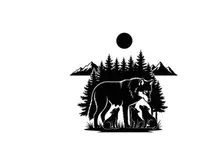 Silhouette of a bear and cubs in a forest under a full moon