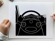 Silhouette of a person driving a car with hands on steering wheel