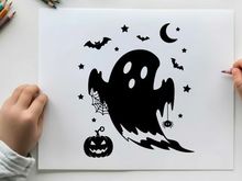 Halloween silhouette of a ghost with bats and pumpkin