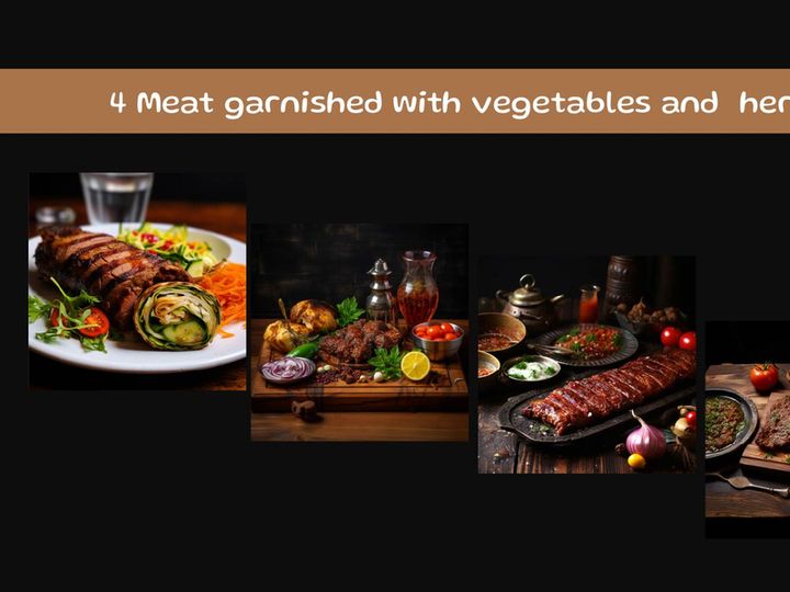 Meat garnished with vegetables and  herbs