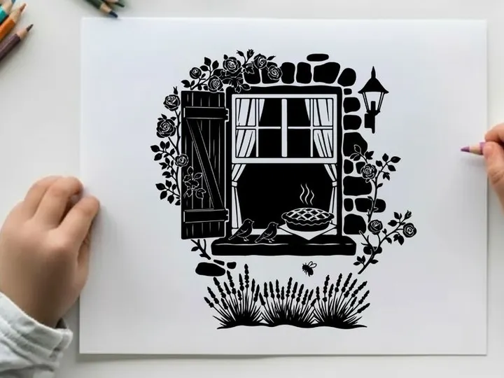 Silhouette of a cozy cottage window with pizza oven silhouette