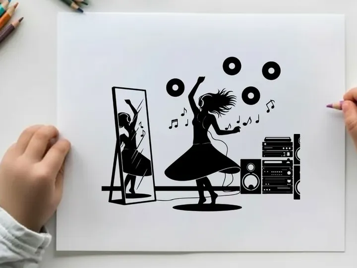 Silhouette of a woman dancing to music with records