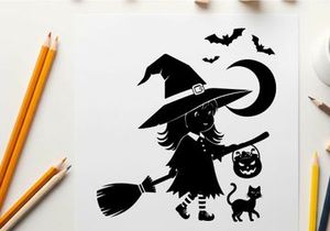 Little witch silhouette with broom cat and pumpkins on halloween night