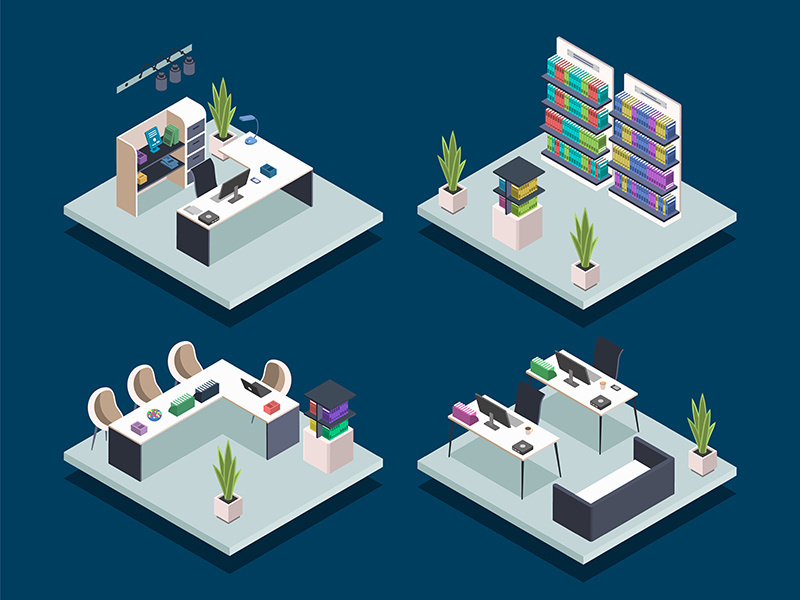 Modern book library isometric color vector illustrations set