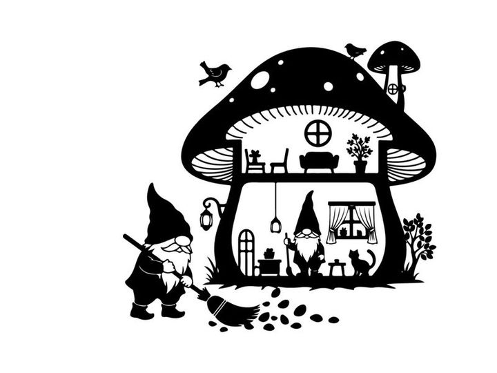 Whimsical silhouette of a gnome near a mushroom house with birds