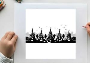 Silhouette of a medieval castle town with people and birds