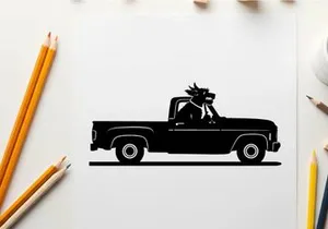 Silhouette of a dragon riding in a pickup truck