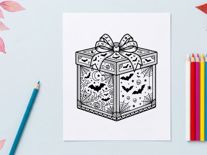 Halloween gift box coloring page. Spooky present with bats and spider webs for kids.