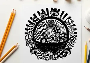 Black and white silhouette peace symbol basket illustration