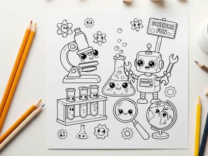 Cute science robot and lab tools vector illustration flat design