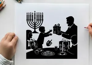 Silhouette of a family celebrating hanukkah with gift giving and traditional foods