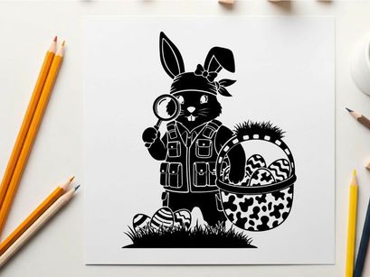 Easter bunny silhouette with magnifying glass and basket