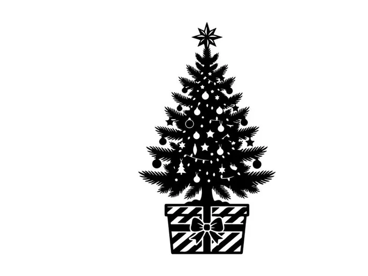 Black silhouette of a decorated Christmas tree in a gift box on a white background.