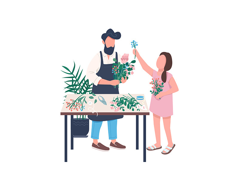 Father florist with daughter flat color vector faceless character