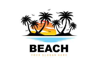 Coconut Tree Logo With Beach Atmosphere, Beach Plant Vector, Sunset View Design preview picture