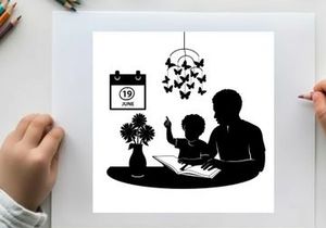 Silhouette of a man and child reading together on june 19th