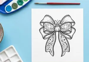 Christmas bow line art illustration with holly berries and festive star patterns
