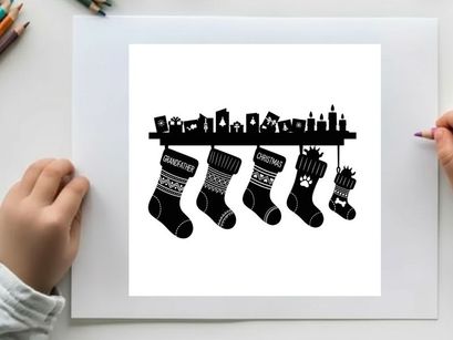 Christmas socks hanging on a city skyline silhouette