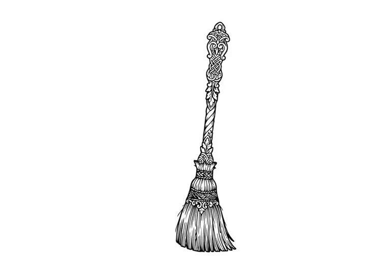 Hand-drawn vintage broom illustration with intricate floral handle design. Classic cleaning tool sketch for retro or rustic home decor themes.