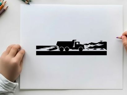 Silhouette of a truck driving on a road with mountains